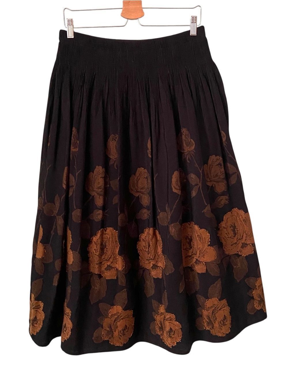 Coldwater Creek Black Midi Skirt with Brown Floral Border in Size Petite Medium